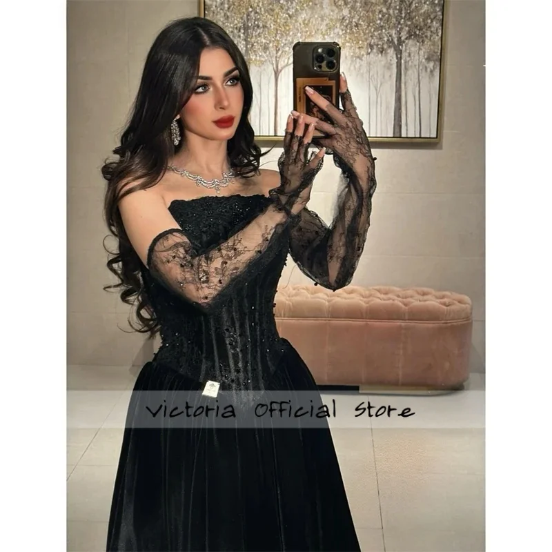 

Черное платье трапециевидной формы с блестками и аппликацией по индивидуальному заказу, кружевное платье без бретелек, Vestidos De Noche, длиной до пола, торжественное вечер 2026