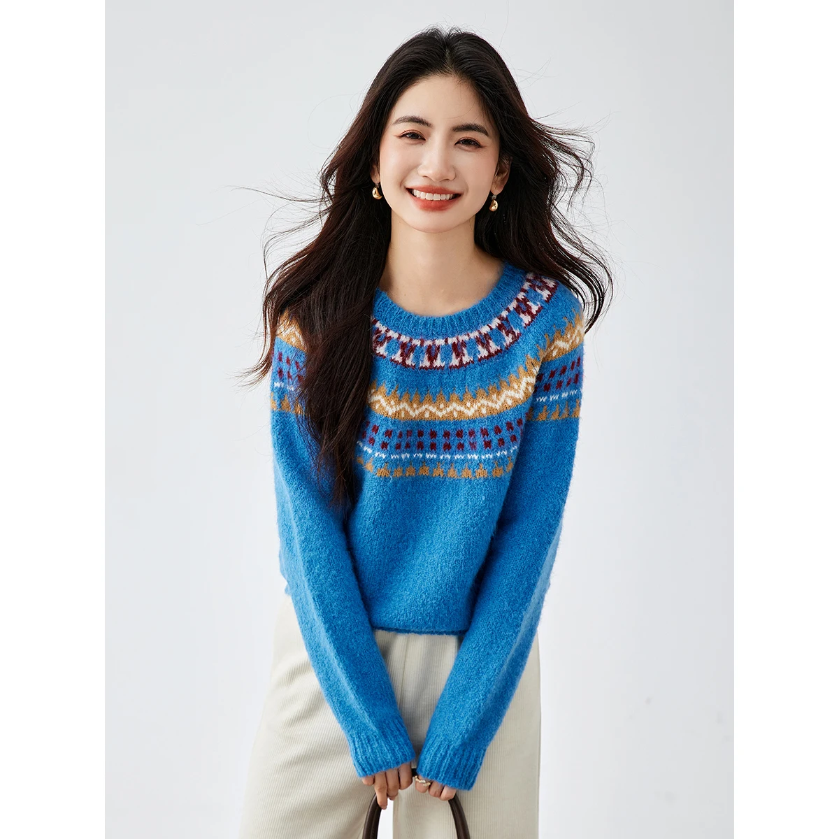 

VIMLY синий свитер женский зима 2025 винтажный вязаный жаккардовый пуловер с круглым вырезом офисные женские толстые женские топы большого размера 75256