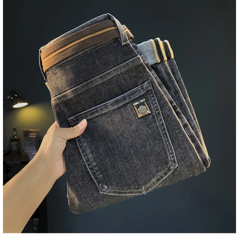 High end quality men's jeans trend 2025 new autumn micro harem small foot embroidered elastic casual pants men