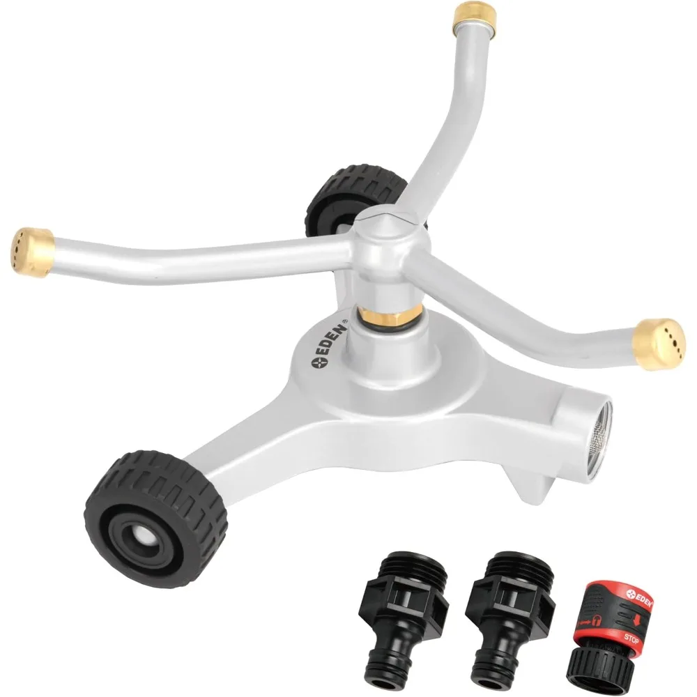 

94129 metal 3-arm revolving sprinkler on wheel base w/quick connect starter set, heavy duty, garden hose sprinkler, lawns, circ