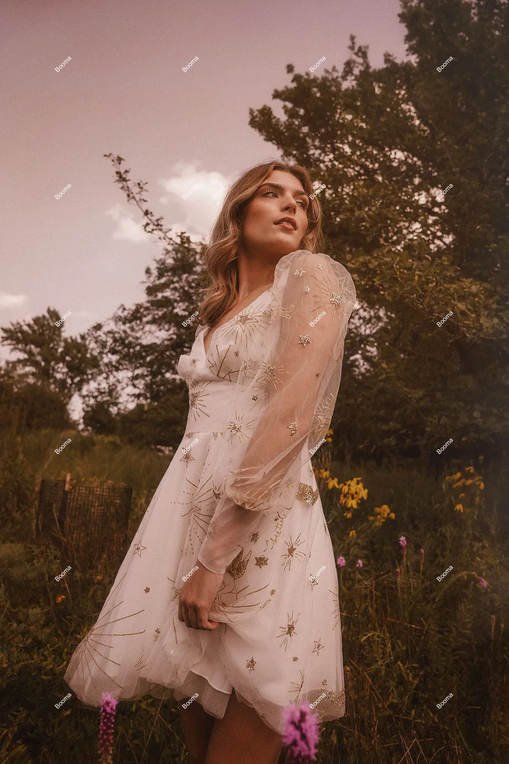 Vestidos de baile curtos Booma-A-Line para mulheres, decote V, mangas compridas, tule puro, vestidos de baile, sem encosto, festa de casamento