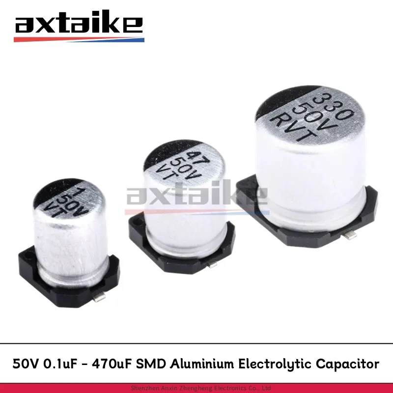 20PCS 50V 0.1uF - 470uF SMD 알루미늄 전해 커패시터 1uF 2.2uF 3.3uF 4.7uF 10uF 22uF 33uF 47uF 100uF 220uF 330uF SMT