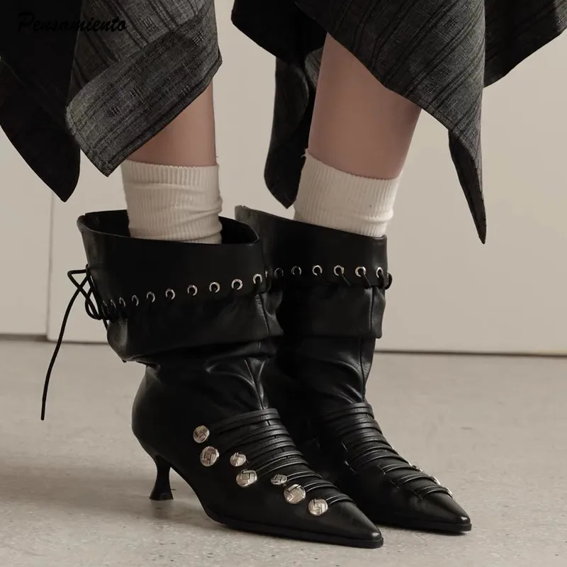 Autumn Winter Retro Soft Leather Weave Strap Women Ankle Boots Fashion Rivet Button High heels Slip-on Western Short Boots Shoes