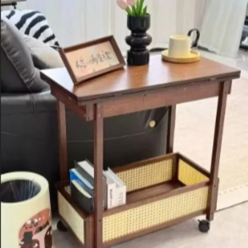 

Folding Solid Wood Tea Table Cart, Small Space Dining Desk, Balcony Rolling Trolley, Vintage Dual-Use Coffee Serving Stand