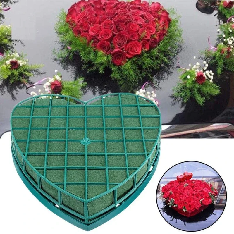 Wedding Car Heart Shape Flower Foam Cage Box with Suction Cup Green Styrofoam Wet Floral Block Artificial Mud Florist Party