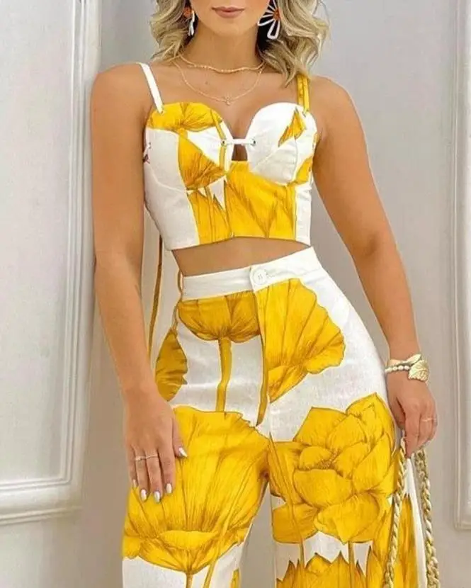 Two Piece Sets Womens Outifits 2023 Spring Fashion Plants Print Sleeveless Crop Cami Top & Casual Wide Leg Vacation Pants Set