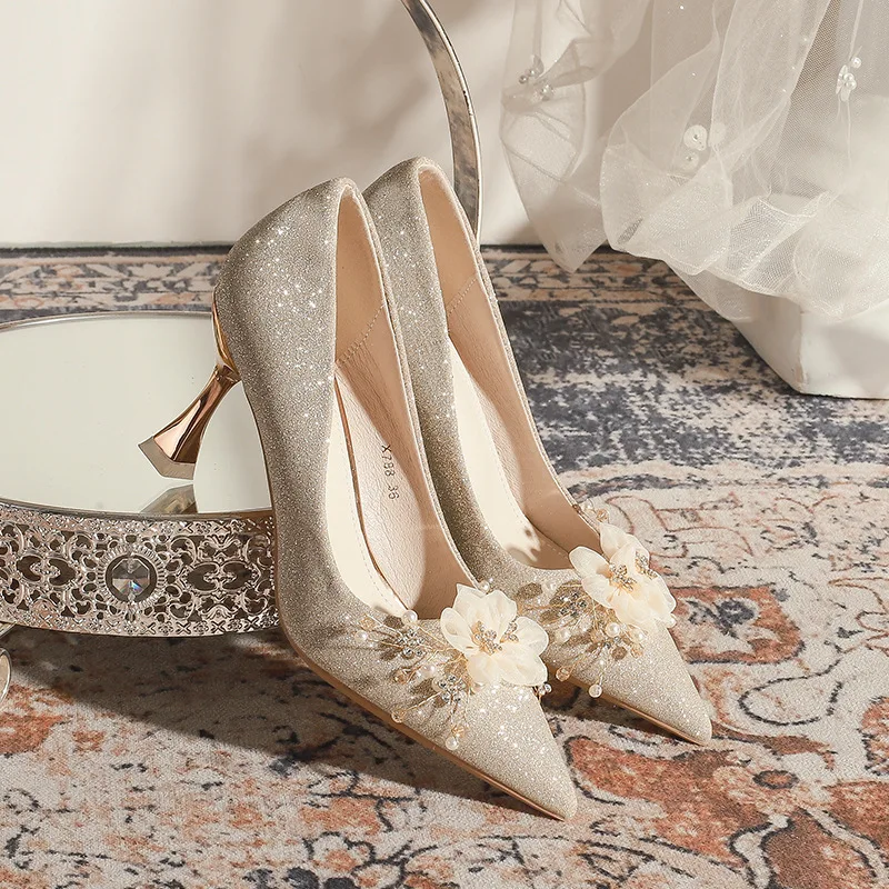 

French Women's Wedding Shoes Exquisite Flower High Heels for Woman Luxury Aristocratic Casual Shoes Designer Shoes Zapatos Mujer
