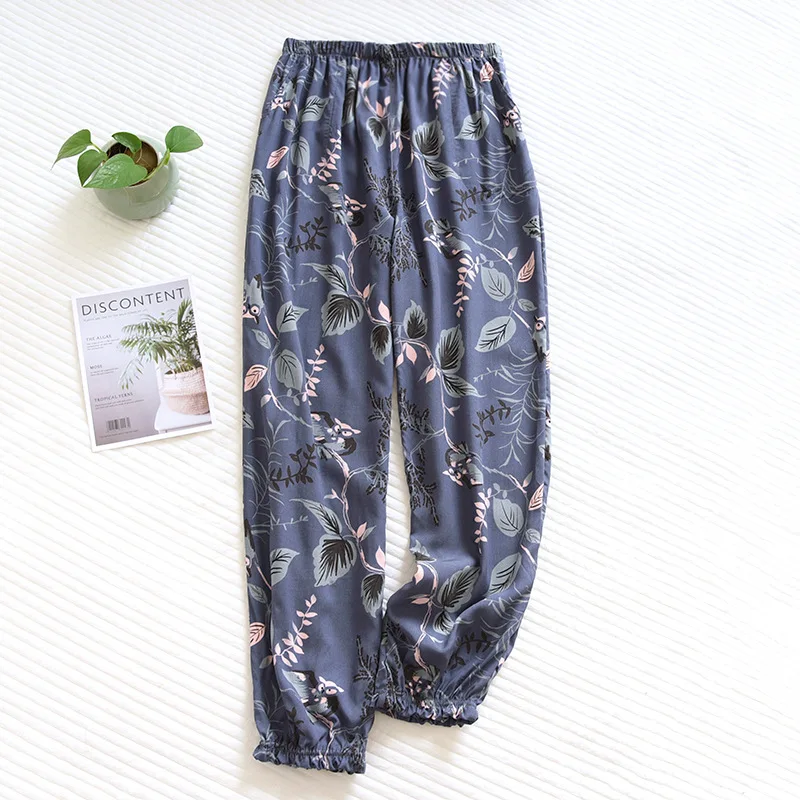 Primavera y novedad de verano pantalones de mujer 100% viscosa flores grandes pantalones de pijama cómodos pantalones de casa con cierre suelto de