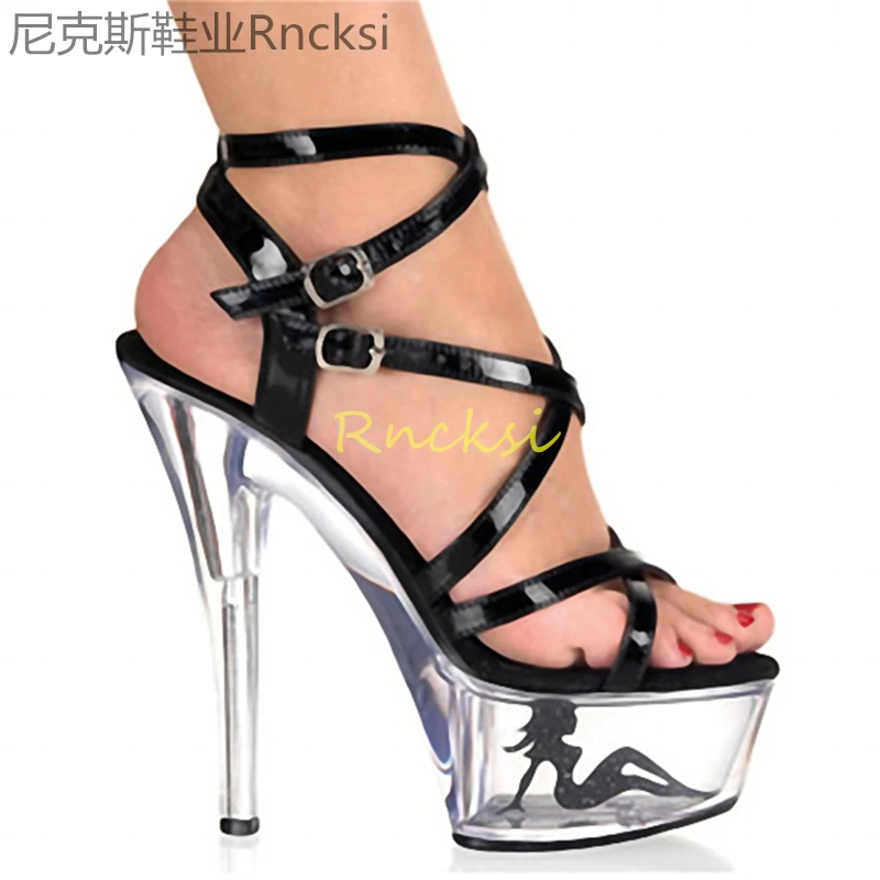 

15cm Model catwalk, high heels, waterproof platform, black sandals, nightclub, sexy super high heels