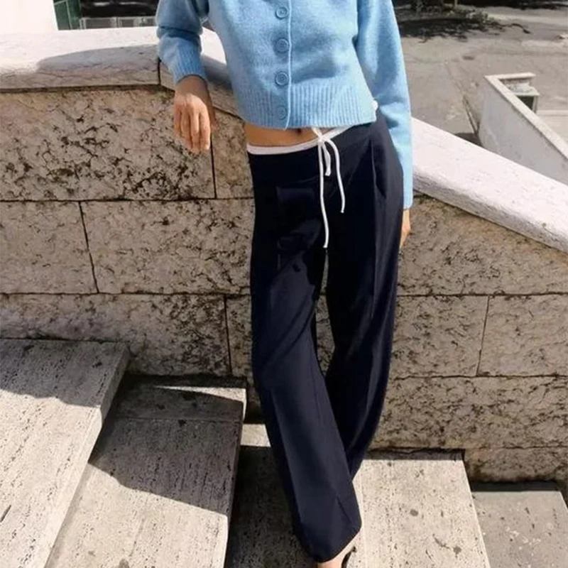 กางเกงลำลองขากว้างใส่สบายสำหรับผู้หญิง แฟชั่นฤดูใบไม้ผลิ กางเกงขากว้างเอวสองชั้น กางเกงขายาวลำลองอเนกประสงค์