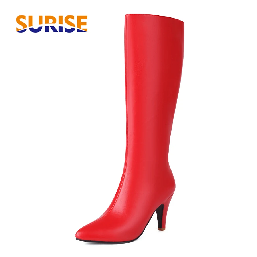 

Red Winter Fall Knee High Boots Women Stylish Black Brown Spike Heels Cozy Dress Party Office Lady Pointed Toe Zipper Long Boots