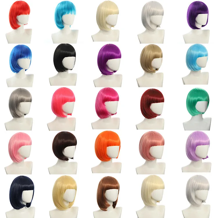 Cute Pink Purple BOB Wig Synthetic Cosplay Wig Bangs Universal Short Hair Anime Style Daily Party Use
