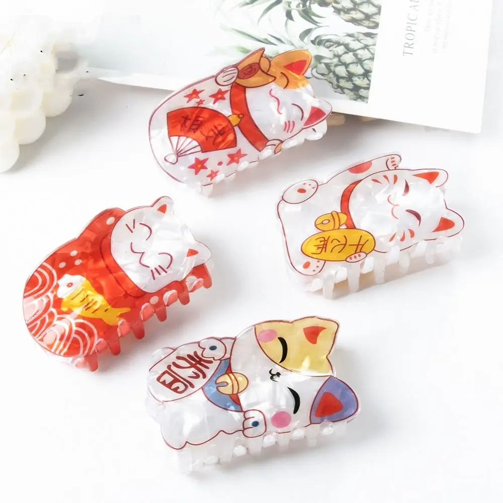 Japanese Style Acetate Lucky Cat Hair Claw Attract Luck Cartoon Cat Large Shark Clip Hair Clips Ponytail Holder