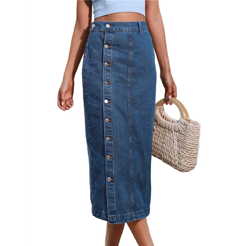 

CYL-Womens Casual Slit Denim Midi Jean Skirt Stretch High Waist Frayed Button Up