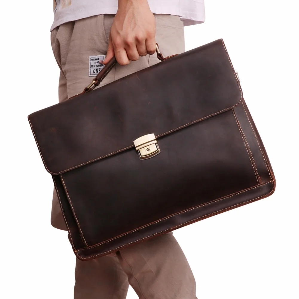 Men's Briefcase Vintage Crazy Horse Genuine Leather Bag Men Briefcases Male Shoulder Laptop Office Handbags For Man