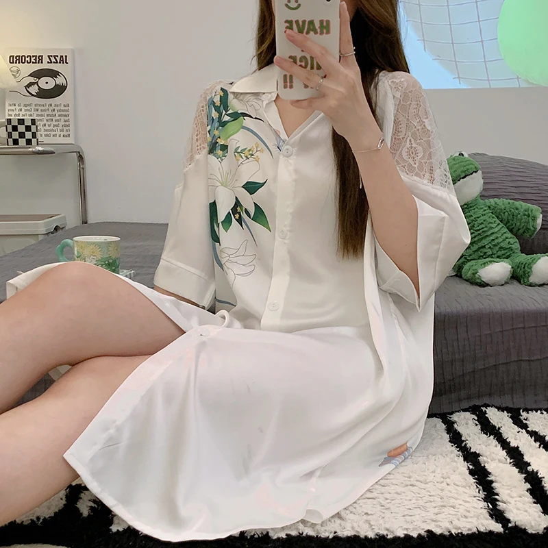 

Lace Patchwork Flower Silk Sleepshirt Nightgowns for Women Summer Thin Soft White Sexy Midi Nightdress Women Home Clothing