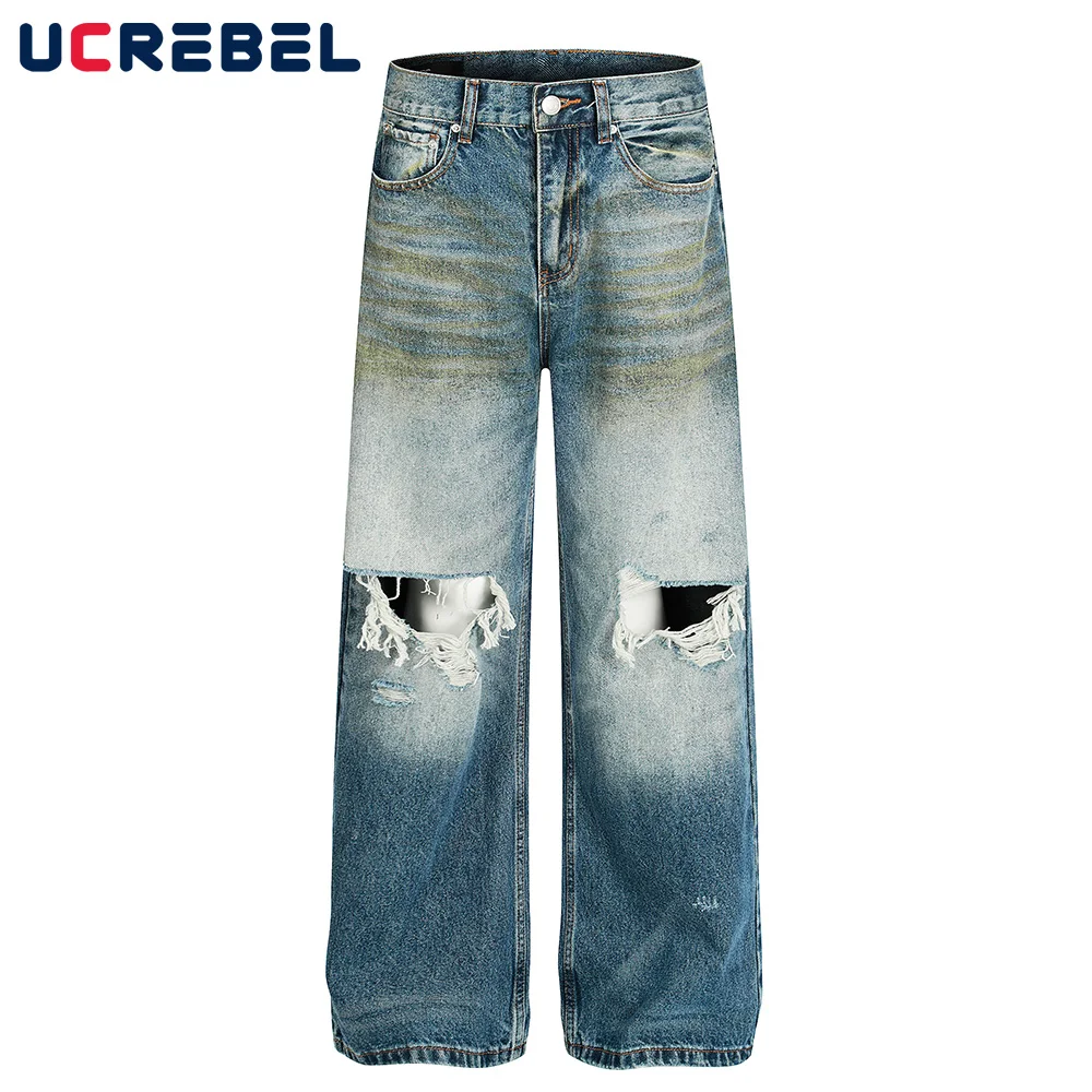 Gradient ย้อม Ripped กางเกงยีนส์ Mens High Street Retro ล้าง Distressed ตรง Baggy ขากว้างกางเกงผู้ชาย