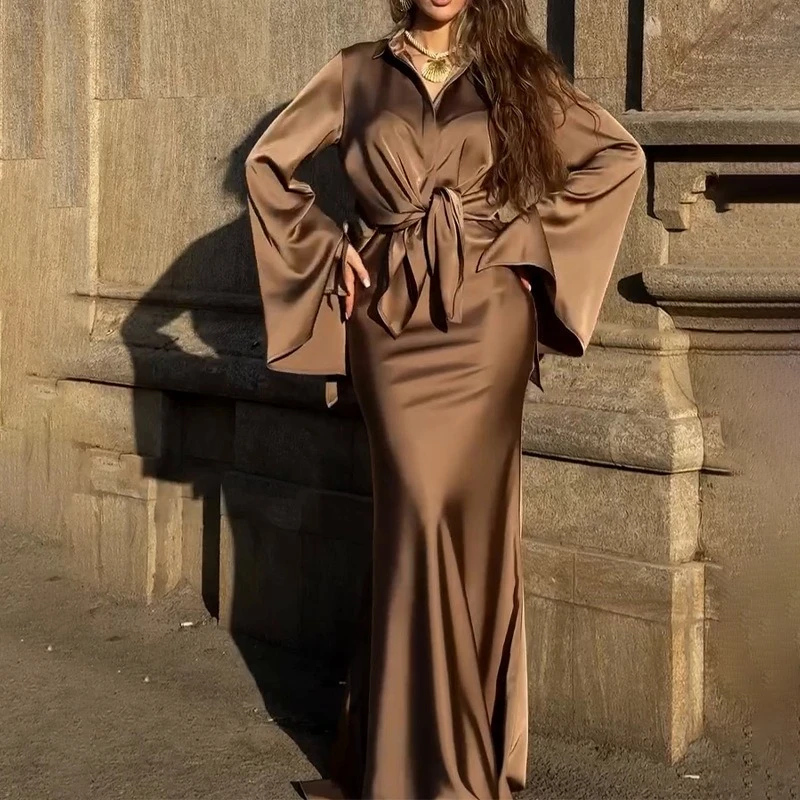 

2025 Spring and Autumn Lapel Satin Strap Flared Sleeve Shirt Hip Skirt Women's Suit