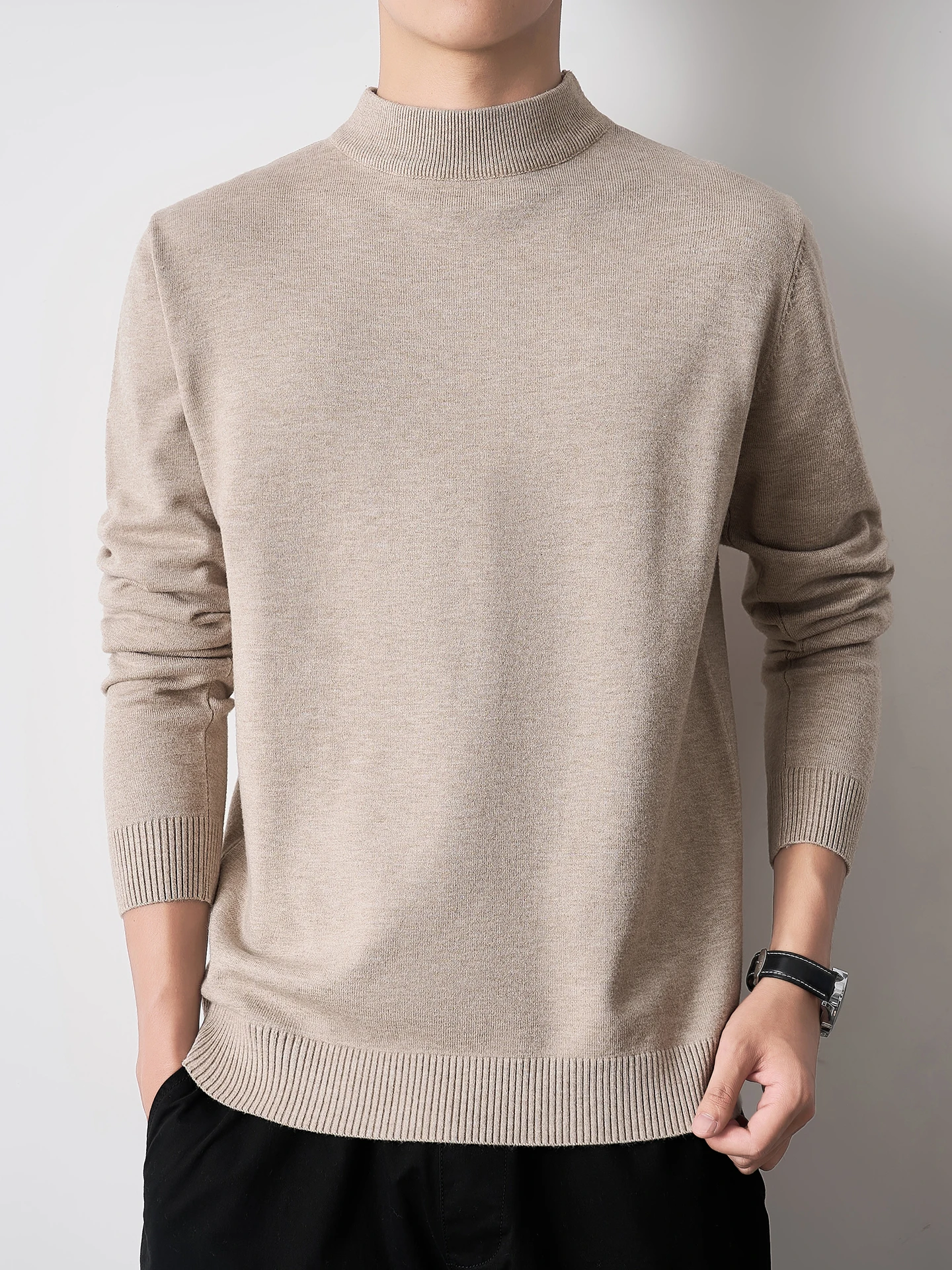 

Men's Thiened f-High Collar Knitwear Autumn New Sle Lazy Faion Khaki Sweater Warm Inner Wear Base irt Youth Active...
