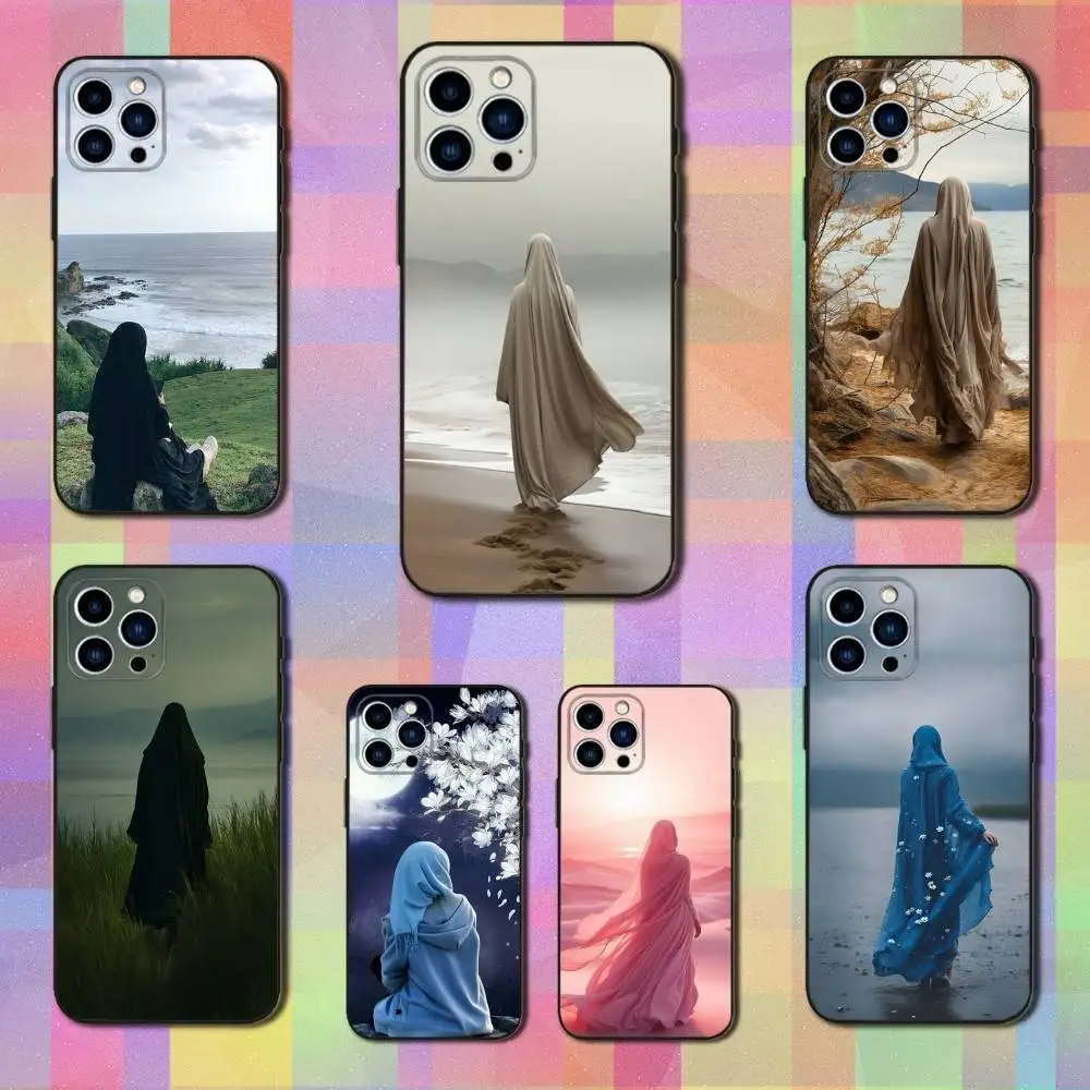 

Muslim Girls Arabic Phone Case For iPhone 16,15,14,17,13,12,11 Plus,Pro Max,XS,X,XR,SE,Mini,8,7,Soft Silicone Black Cover