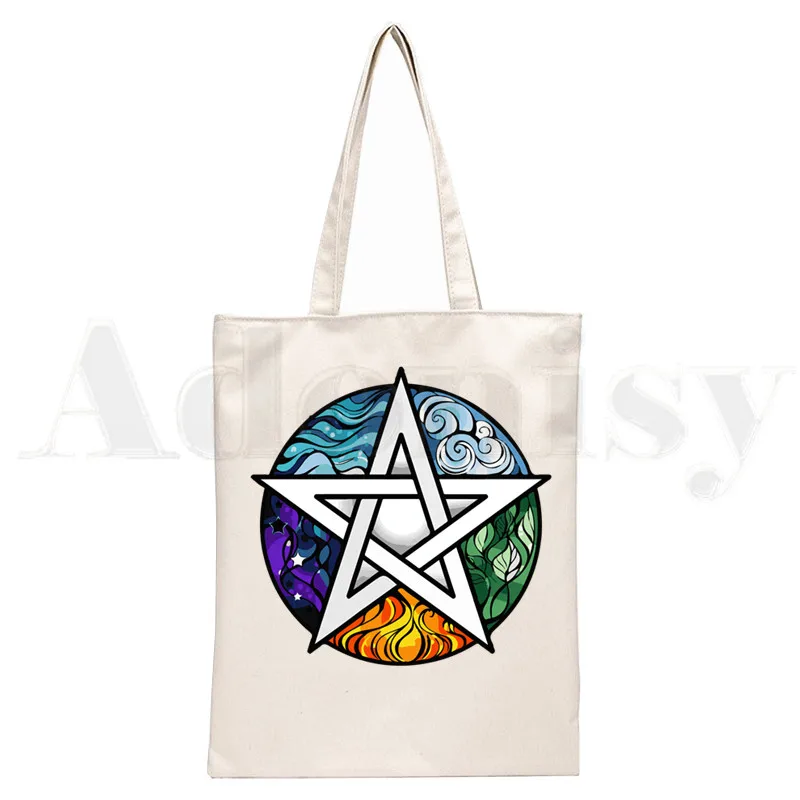 Bolso de mano gótico con pentagrama para mujer, bolsa de lona elegante, pentagrama, pentculo, Wicca, brujería, bolso de hombro, informal, compras, niñas