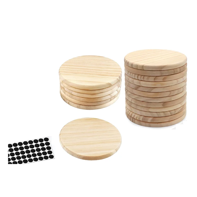 ABNQ 20Pcs Unfinished Wood Coasters, 4 Inch Round Blank Wooden Coasters for Crafts with Non-Slip Silicon Dots