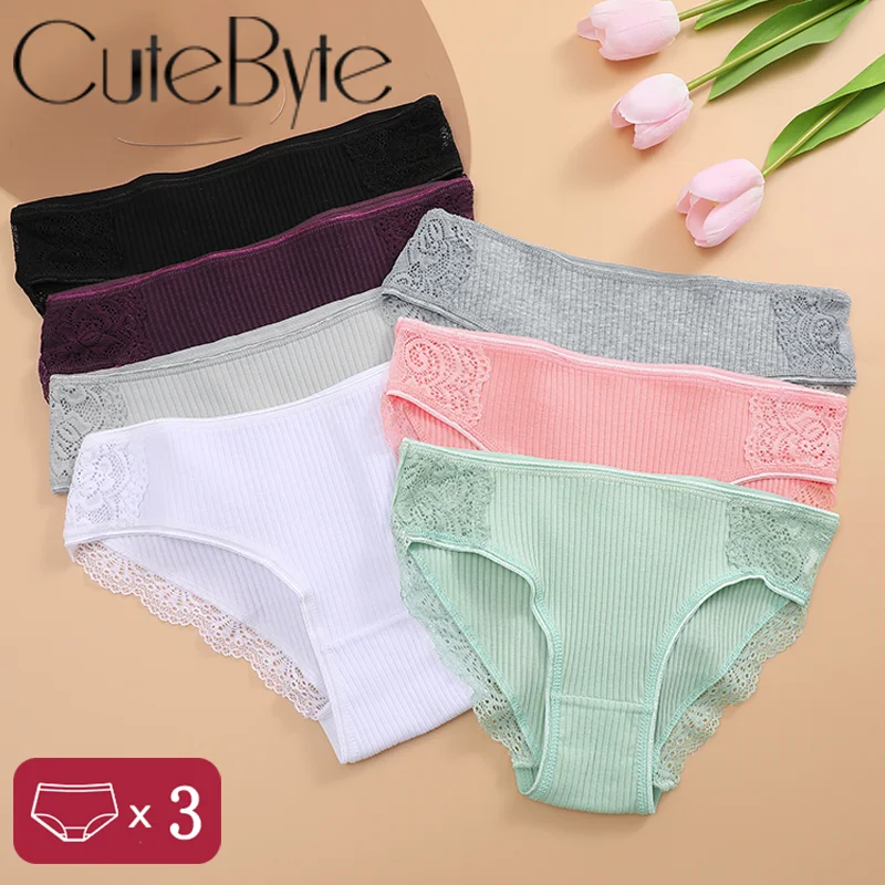 3Pcs/set Women\'s Cotton Panties M-2XL Trendy Patchwork Lace Underwear Female Low Waist Briefs Ladies Comfortable Underpants 2023