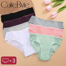 3Pcs/set Women's Cotton Panties M-2XL Trendy Patchwork Lace Underwear Female Low Waist Briefs Ladies Comfortable Underpants 2023