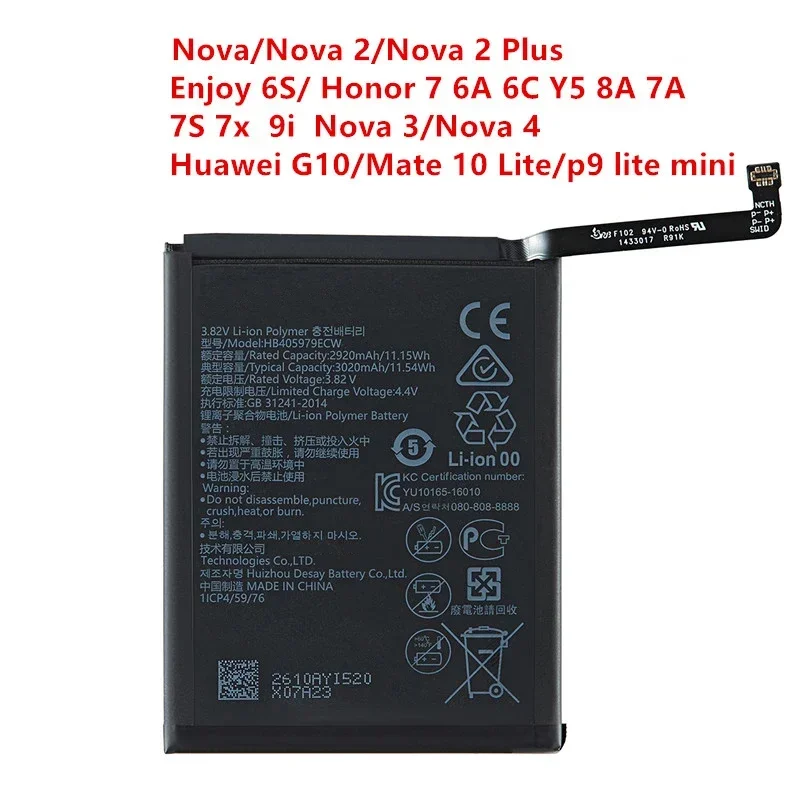 Batería original HB405979ECW de 100% mAh para Huawei Nova Enjoy 6S Honor 6C Y5 3020 p9 lite mini AZ-AL10 TL00 L01 L02 L12, 2017