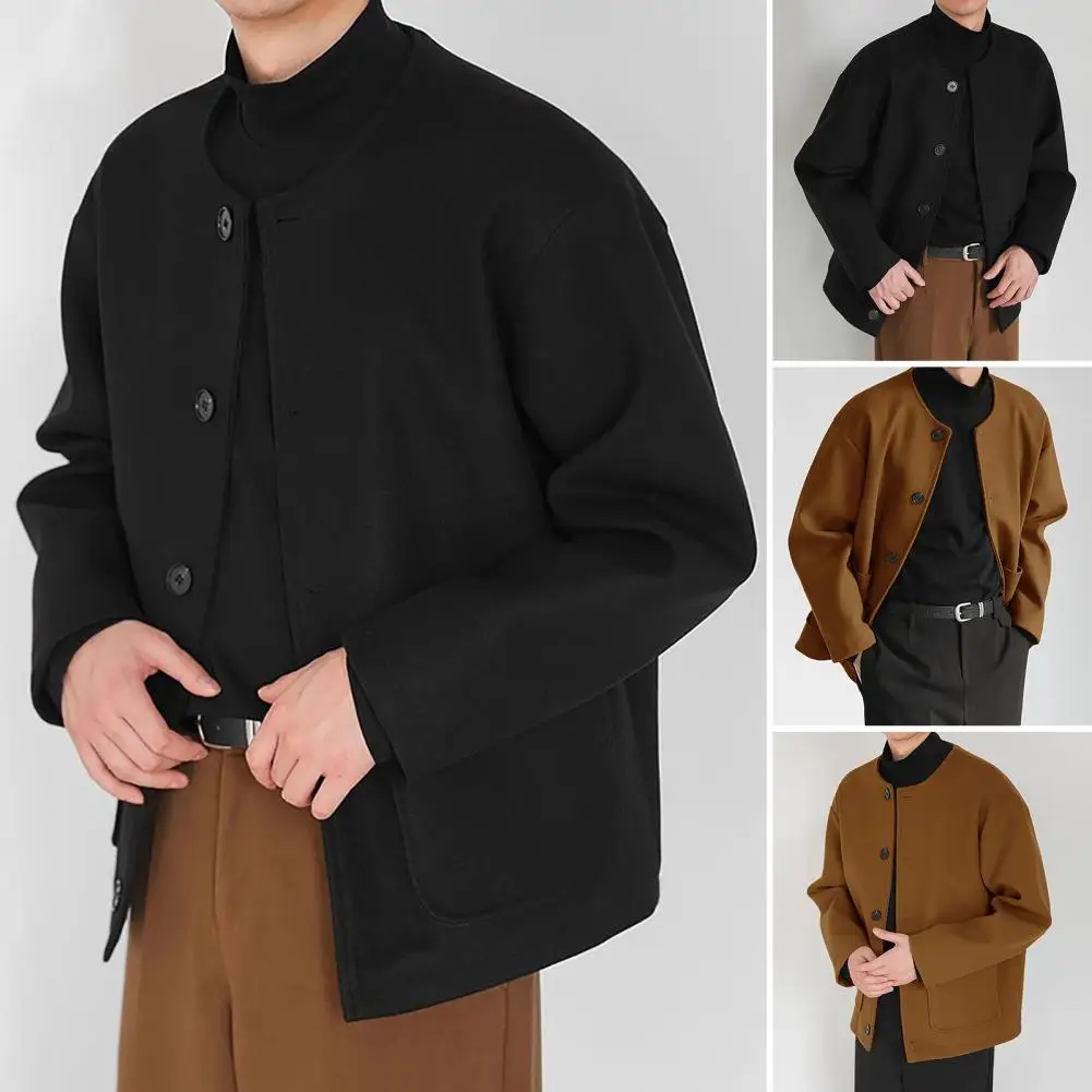 Men Wool Jacket Elegant Men's Woolen Coat with Round Neck Pockets Classic Single Breasted Winter Overcoat Solid for Weather