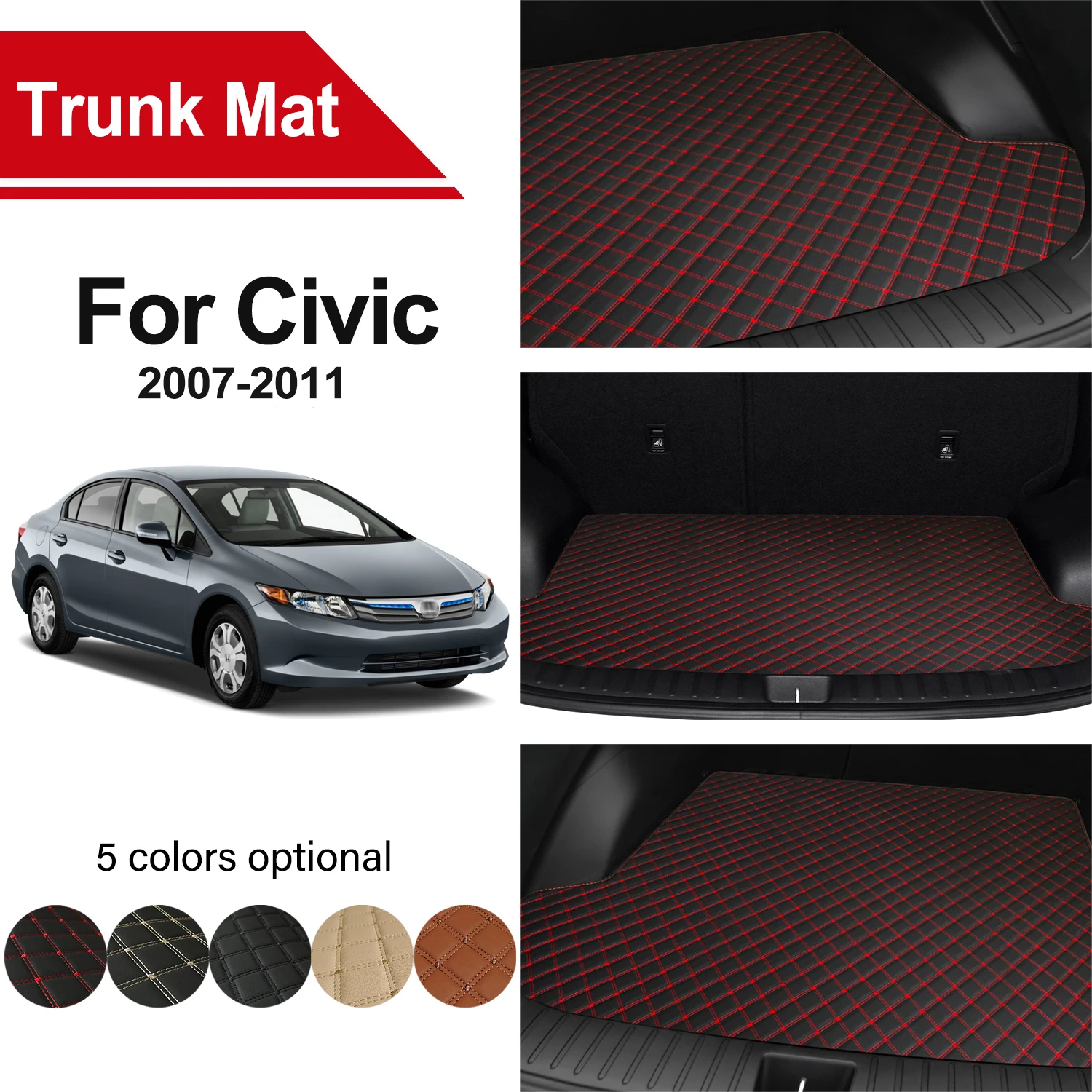 Car Trunk Mat For Honda Civic 2007 2008 2009 2010 2011 Embroidered Leather Waterproof Durable Mat Car Interior Accessories