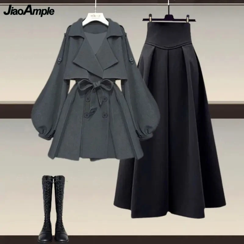 Women Autumn Winter Long Coat Skirts 1 or 2 Piece Set Korean Lady Loose Jacket with Waistbelt Skirt Suits 2023 Outerwear Outfits