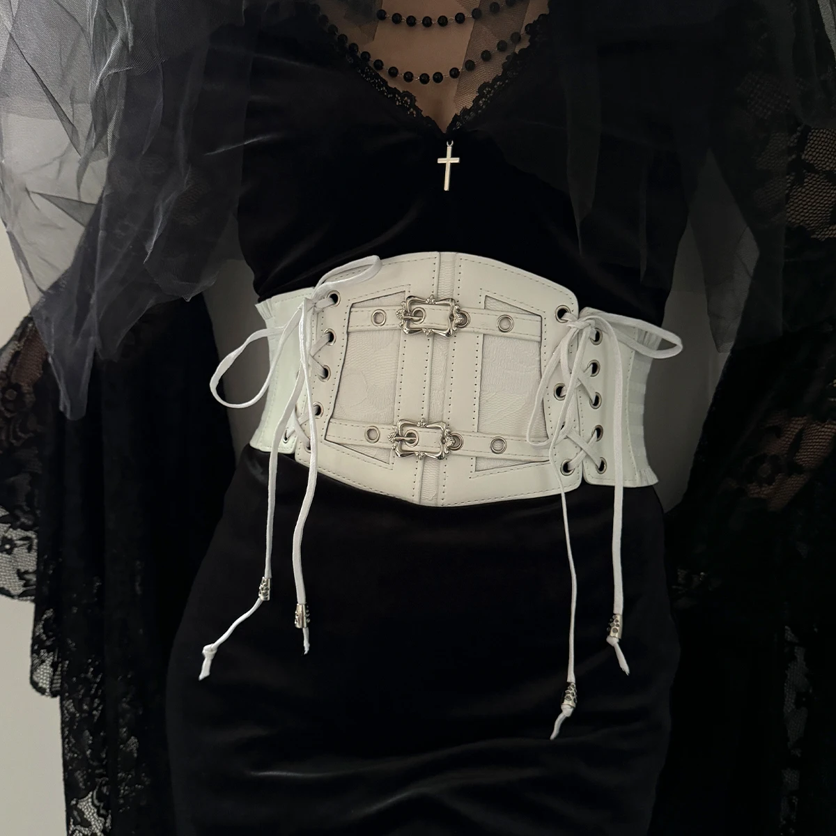 Spitze Korsett Punk Schwarz Breiten Gürtel Mit Kette Pu Leder Abnehmen Körper Gürtel für Frauen Elastische Hohe Taille Gürtel Weibliche Cummerbunds – Detail 17