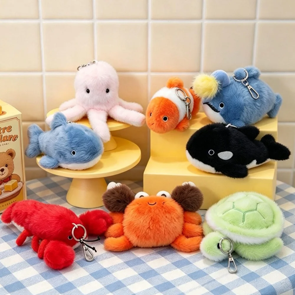 Cute Mini Marine Animal Plush Pendant Cartoon Shark Crab Sea Animal Keychain Backpack Hanging Ornament