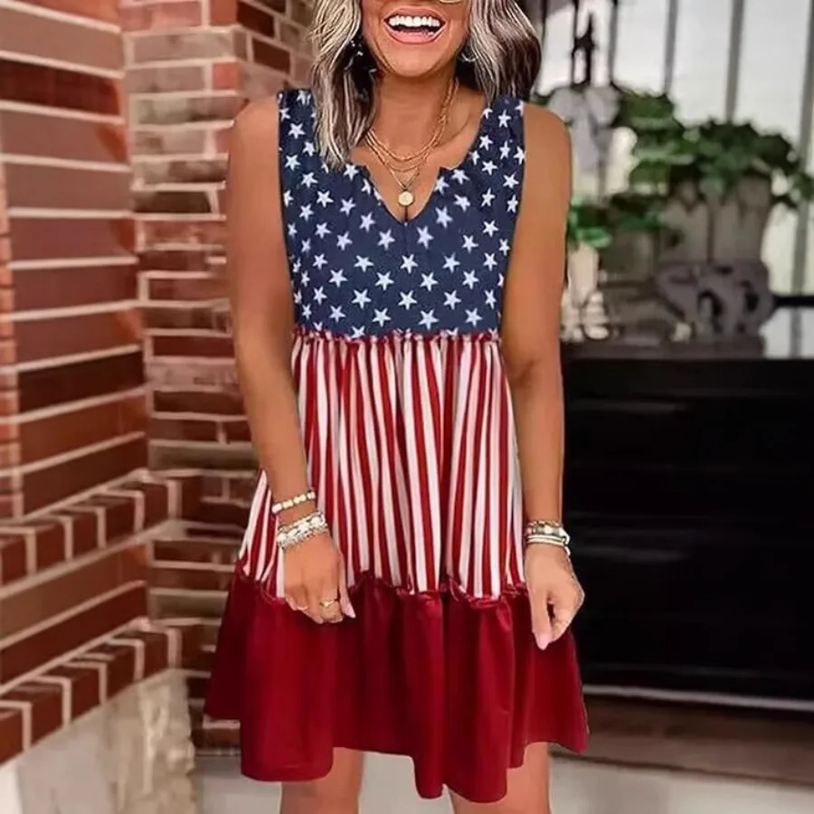 

【New style】2026 New American retro Stars and Stripes Printed Sleeveless V-neck Loose Dress in stock