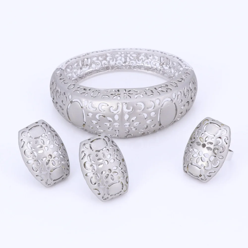 Bridal Jewelry Sets High Quality Silver Color Jewelry Set Trendy Necklace Earrings Bracelet Ring Set For Women Dubai Jewelry Set