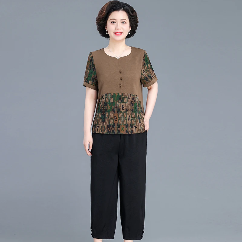 

Летний комплект одежды: хлопково-льняной топ и брюки для женщин, одежда для мам, большие размеры, свободный крой, круглый вырез, текстильный узор