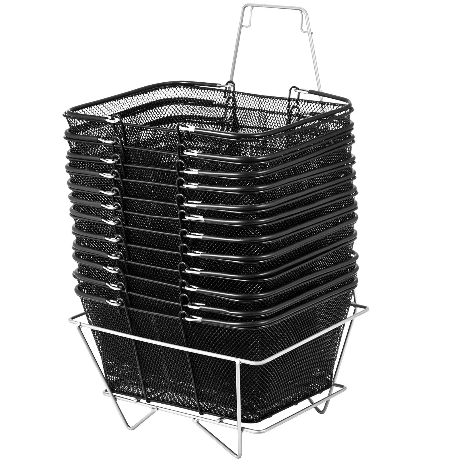 Shopping Baskets with Handles, 12PCS, Black Metal, Portable Wire, Mesh Set for Supermarkets, Retail Stores, Grocery