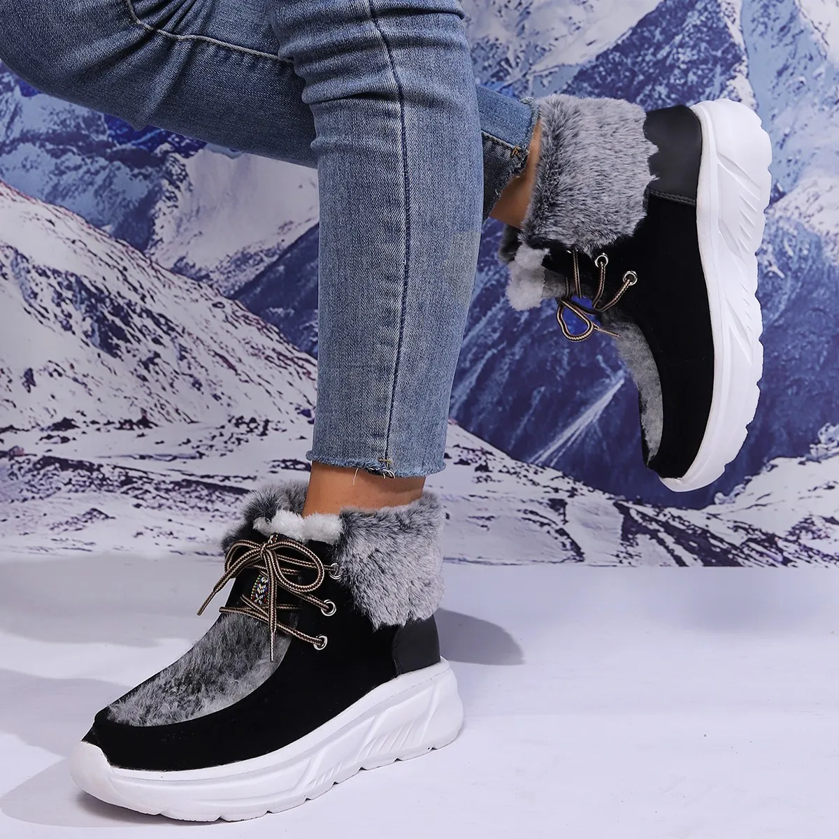 Women Winter keep warm Fashion Faux Fur Lace Up suede Snow Boots comfortable outdoors non-slip Wedge Heel Ankle Boots Plus Size