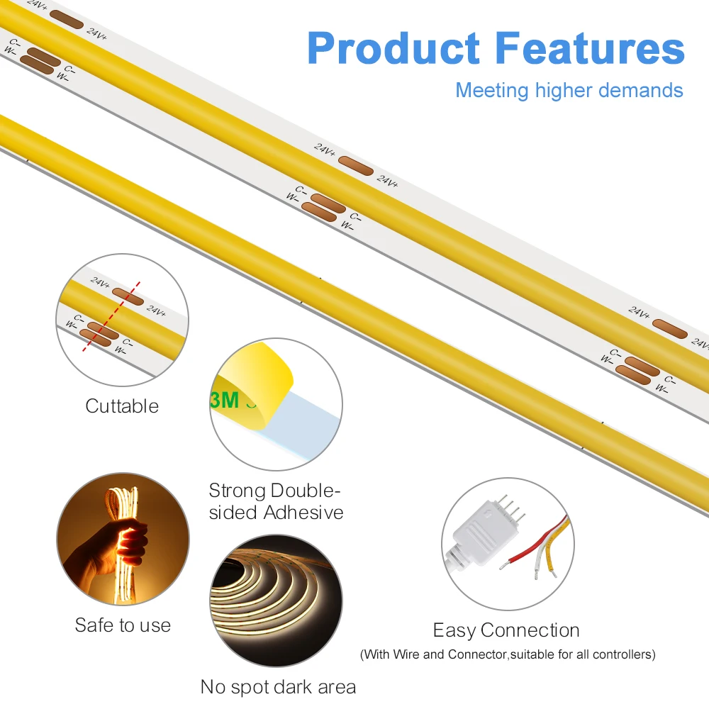 Bicolor COB CCT LED Strip Light 2700K-6500K Ściemnialna taśma LED 5mm 10mm Wstążka Elastyczna taśma LED do oświetlenia liniowego salonu