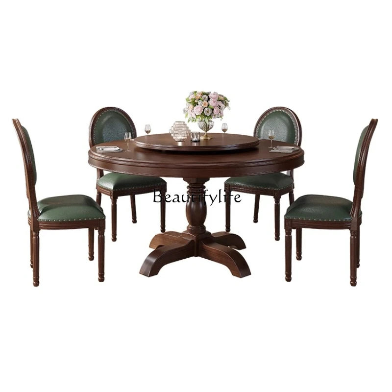 

American all solid wood home restaurant round table dining table retro medium and ancient style