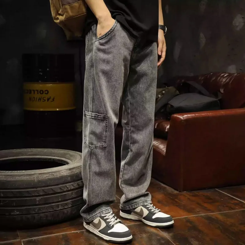 

American high street loose men's cargo jeans spring and autumn new wide leg pants boys fashion brand straight leg casual pants