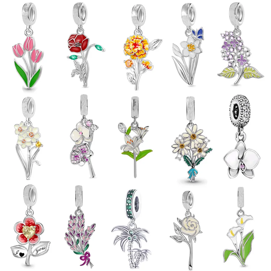 NEW Lily Rose Lavender Moth Orchid Narcissus Flower Dangle Charm Bead Fit Original Pan BrandSilver 925 Bracelet DIY Jewelry Gift