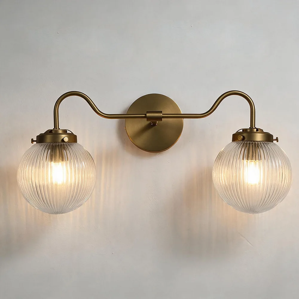Retro Double-headed Striped Ball Glass Wall Lamp Bedroom Bedside Bathroom Cabinet Mirror Headlight Simple Background Wall Lamp