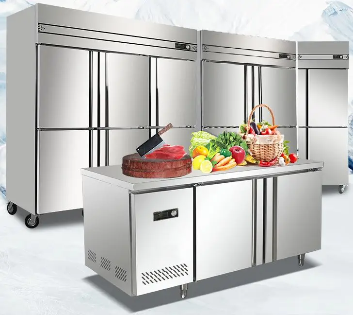 High-quality commercial 4-door coolers, refrigerators and freezers, storage stands, static cooling refrigeration units