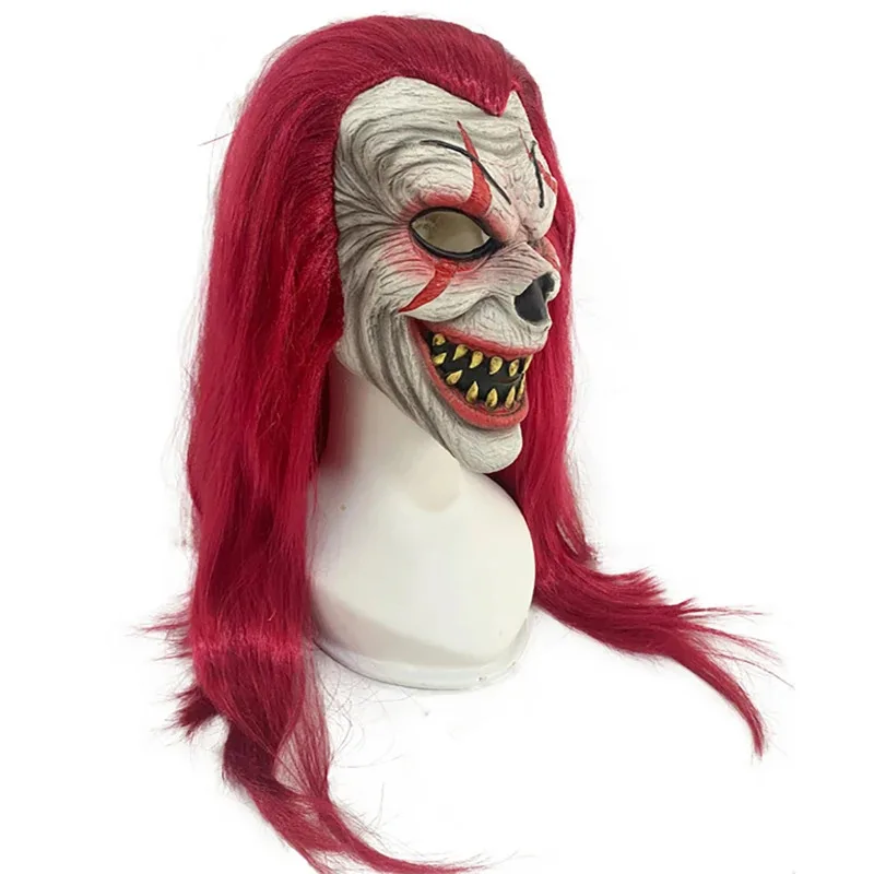 긴 머리가있는 무서운 악마 광대 마스크 빨간 가발 할로윈 공포 코스프레 마스크 소름 끼치는 가장 무도회 파티 의상 액세서리