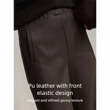 Women's PU Leather Wide-Leg Pants 5 AMII Pants For Woman 2026 Winter New Minimalist Commuter PU Leather Loose Wide-leg Pants Casual Office Lady Trousers 12524063 5