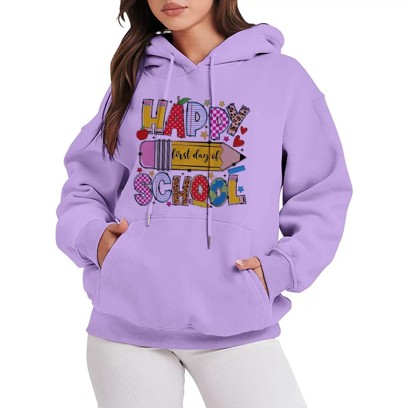여성 캐주얼 그래픽 후드 스트리트 스타일 긴 소매 스웨트셔츠 귀여운 가을 겨울 휴가 분위기 다시 학교로 가기 프린트 후드티