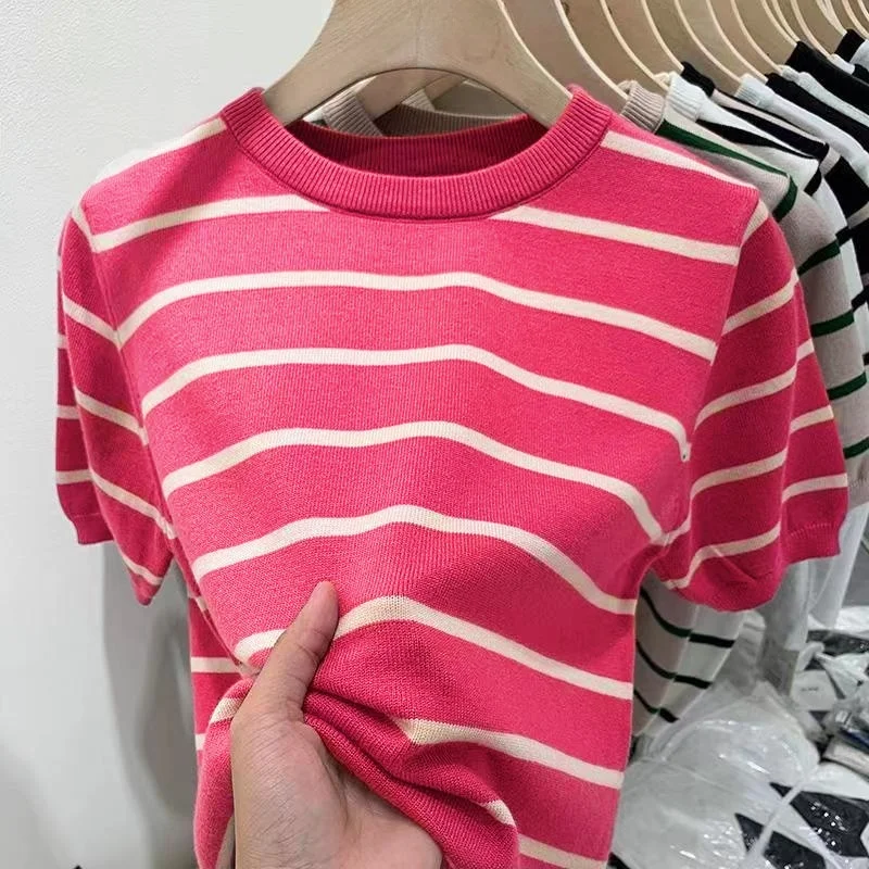 Casual Retro T-Shirt Sweet New Women Fashion Striped Cropped Knit Sweater Vintage O Neck Short Sleeve Female Pullovers Chic Tops