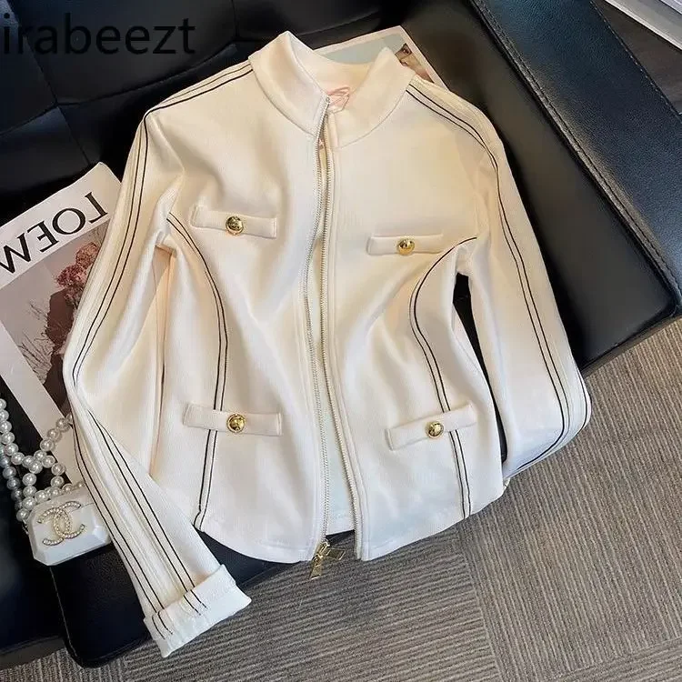 High-end Temperament Slim-fit Standing Collar Jacket for Women Spring and Autumn Design Splicing Color Motorcycle Baseball Coat